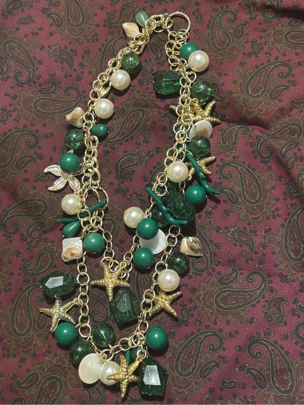 Vintage Gold-Tone Necklace with Green Beads, Pearls & Starfish Charms